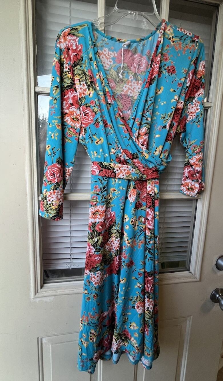 PINKBLUSH Floral Wrap Tie Waist V-Neck 3/4 Sleeve Knee Length Dress 3XL Plus